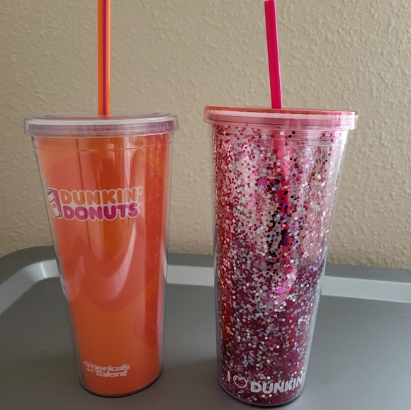 RARE dunkin tumblers set of 2 orange AGT and pink Valentines with heart straw - Picture 1 of 3